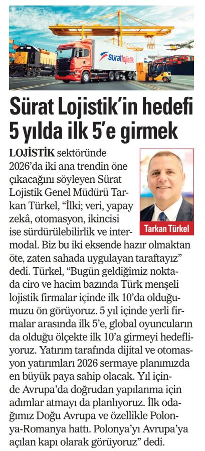Akşam Gazetesi – Sürat Lojistik’in hedefi 5 yılda ilk 5’e girmek