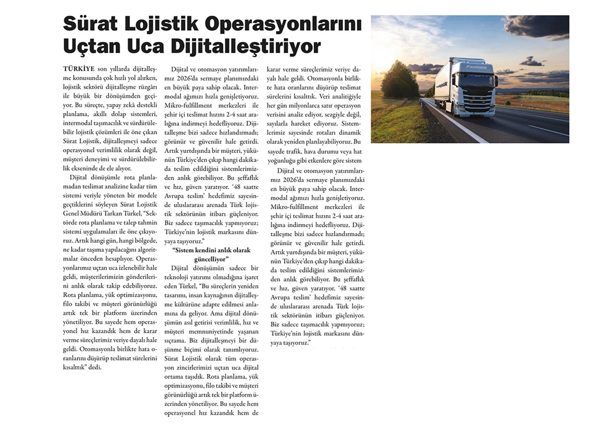 Kargohaber Dergisi - Sürat Lojistik Operasyonlarını uçtan uca dijitalleştiriyor