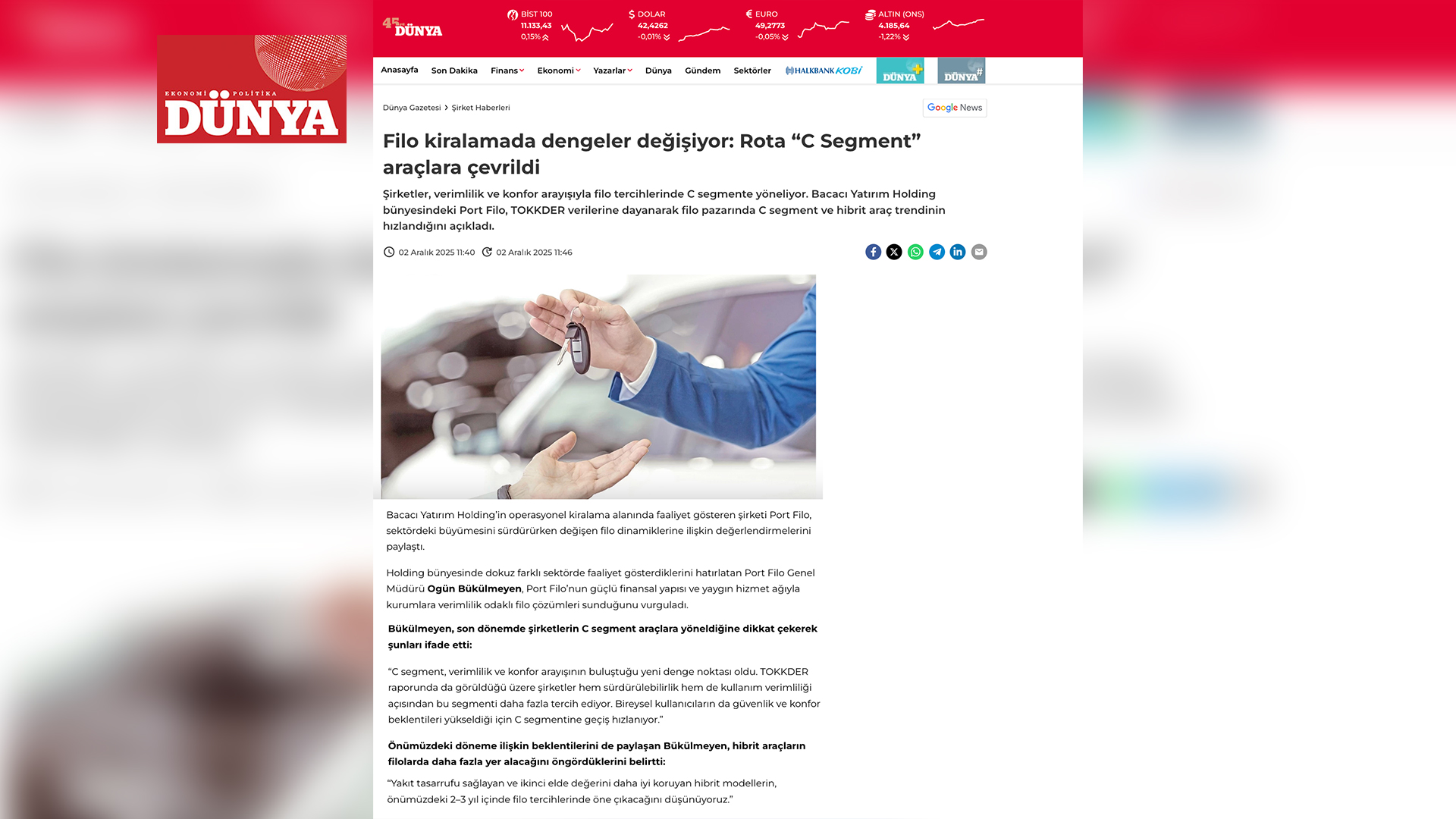  Filo kiralamada dengeler değişiyor: Rota "C Segment" araçlara çevrildi