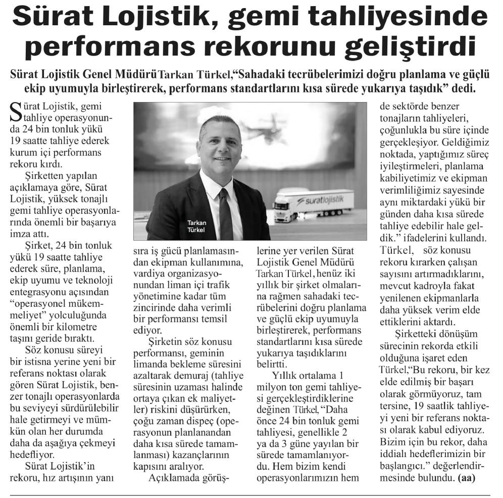 Hürses gazetesi – Sürat Lojistik gemi tahliyesinde performans rekorunu geliştirdi