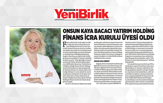 Onsun Kaya Bacacı Yatırım Holding Finans İcra Kurulu Üyesi oldu
