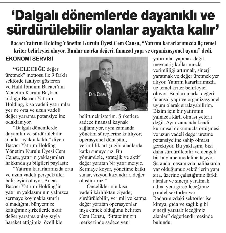 Yatırımda odağımız kısa vadeli kazanç değil, kalıcı değer