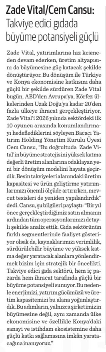Zade Vital/Cem Cansu: Takviye edici gıdada büyüme potansiyeli güçlü