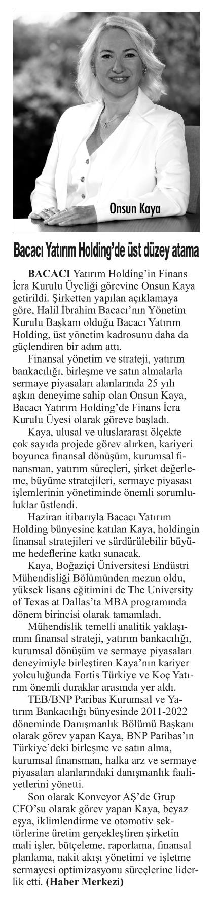 Bacacı Yatırım Holding'de üst düzey atama