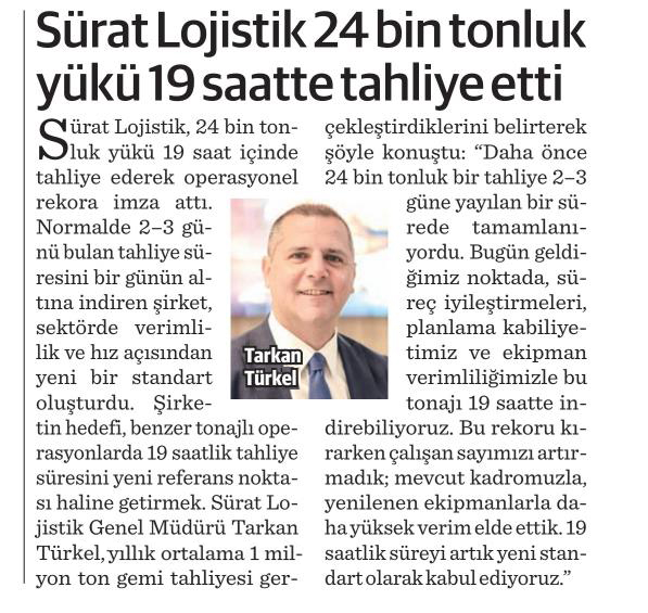 Dünya Gazetesi – Sürat Lojistik 24 bin tonluk yükü 19 saatte tahliye etti
