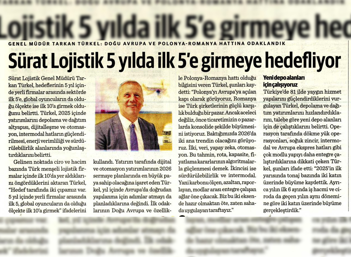 Nasıl Bir Ekonomi Gazetesi - Sürat Lojistik 5 yılda ilk 5’e girmeyi hedefliyor