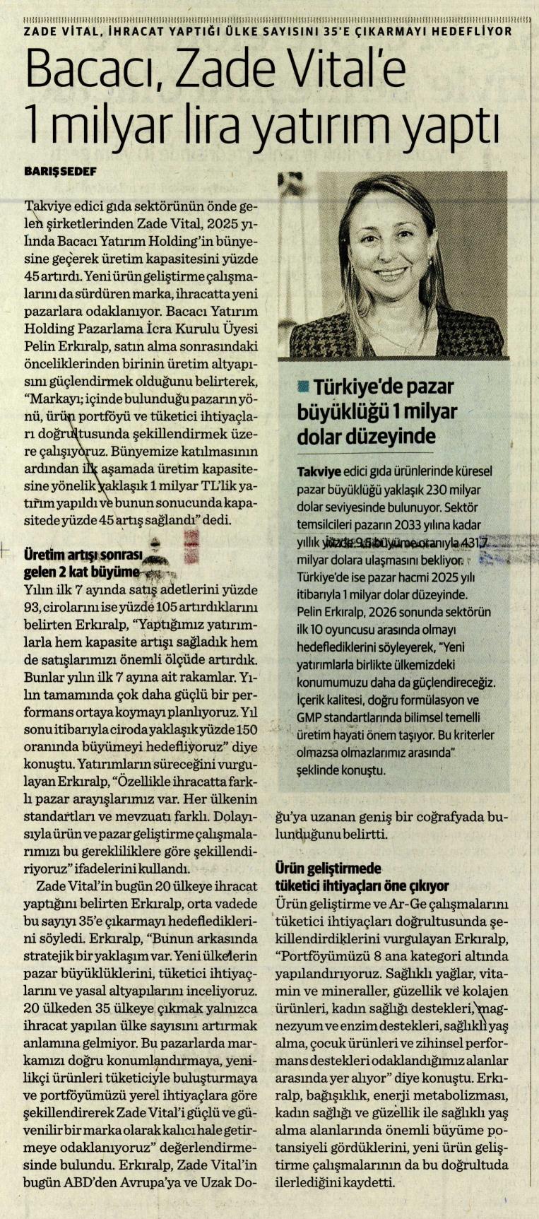 Bacacı Zade Vital'e 1 milyar lira yatırım yaptı