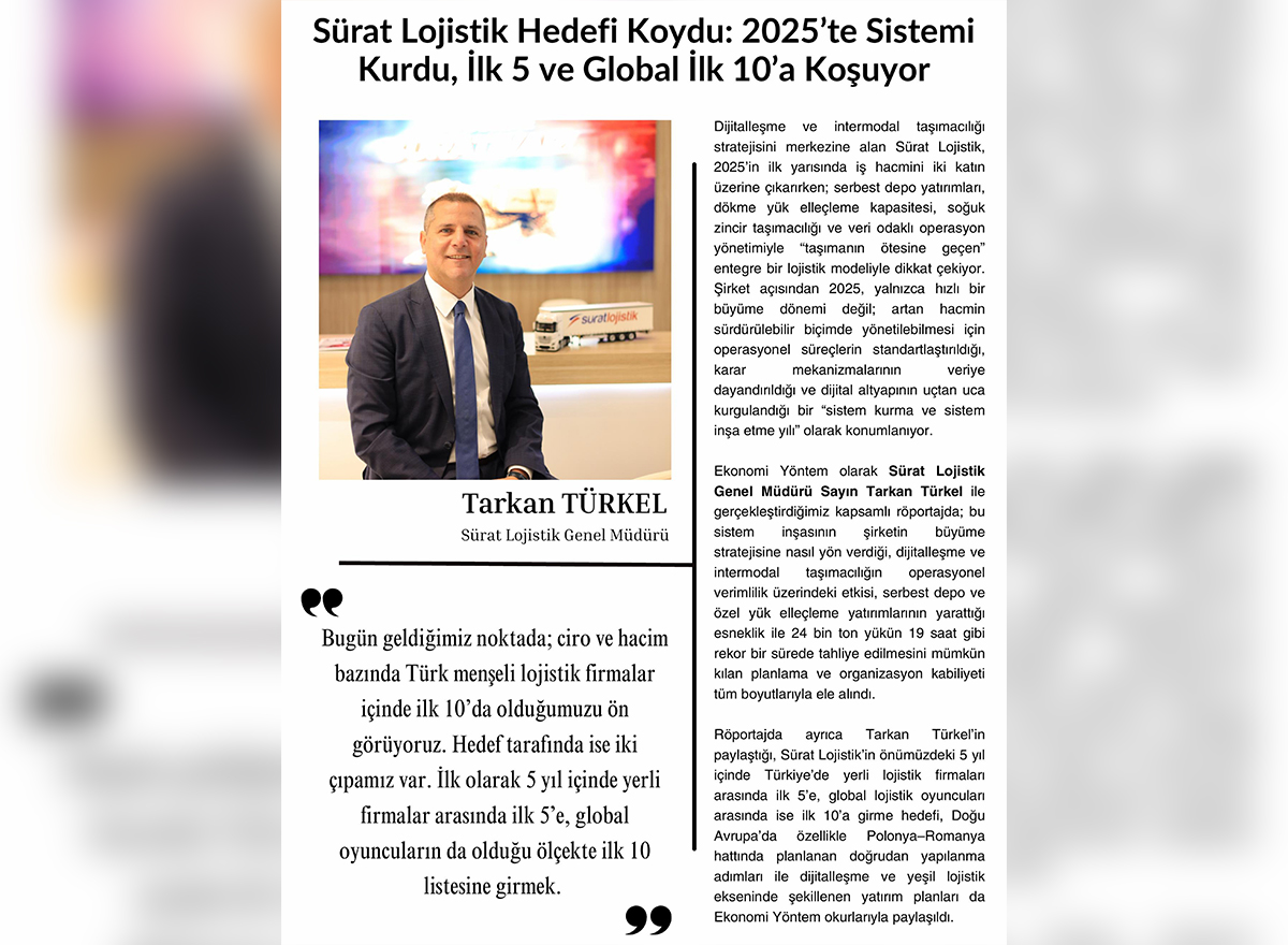 Ekonomi Yöntem Dergisi – Sürat Lojistik hedefi koydu: 2025’te sistemi kurdu ilk 5 ve global ilk 10’a koşuyor