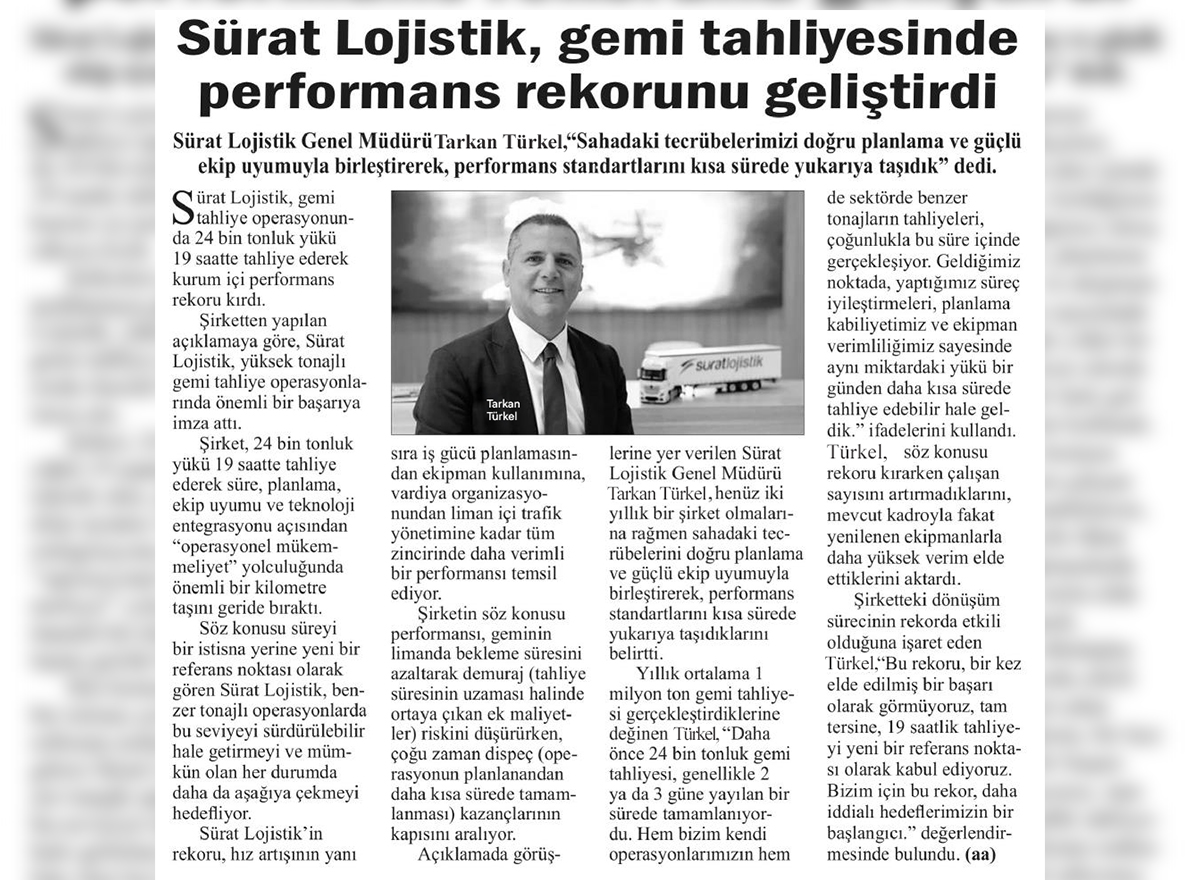Hürses gazetesi – Sürat Lojistik gemi tahliyesinde performans rekorunu geliştirdi