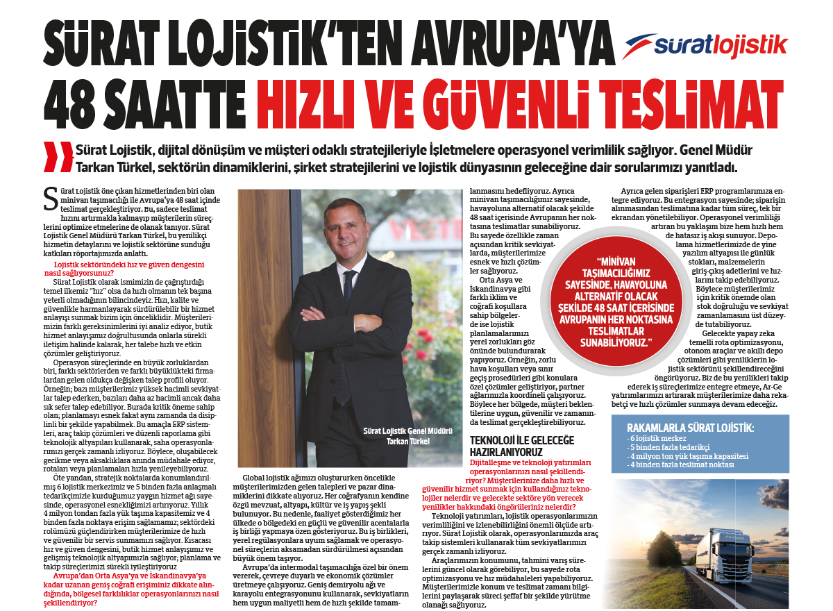 Sürat Lojistik, Avrupa’ya 48 saatte hızlı, güvenli ve kesintisiz teslimat sağlıyor